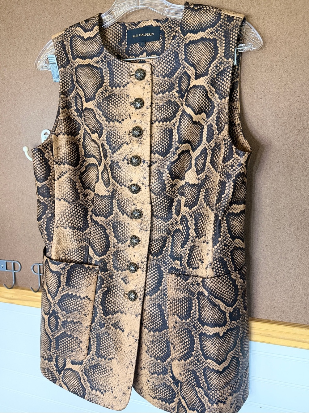 Kobi Halperin Abi Crewneck Python-Print Vest Leather Sleeveless Button Small